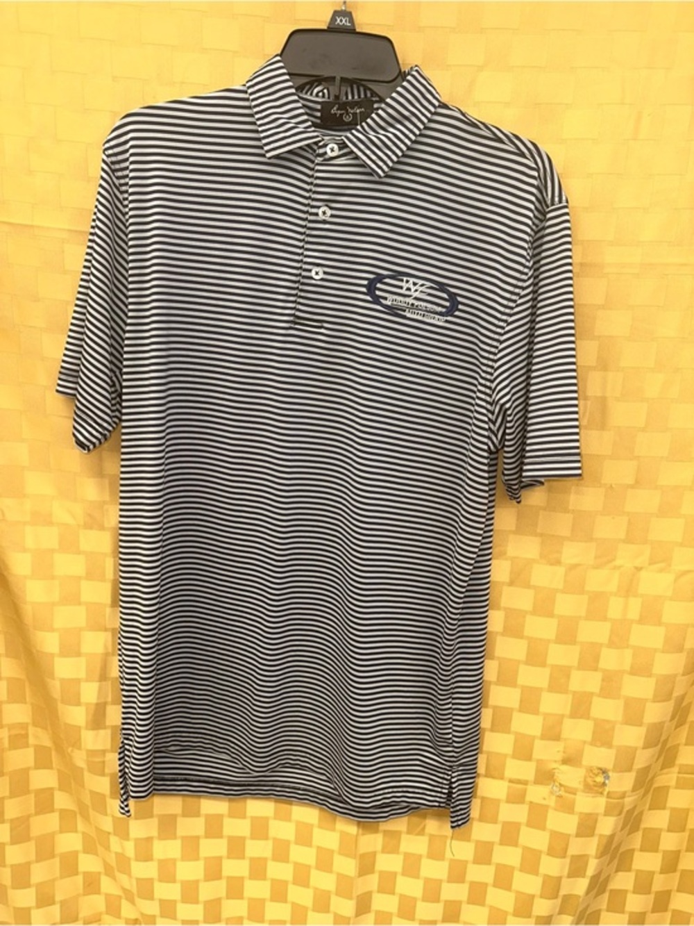 Men's Navy & White Striped Polo Shirt with Subtle Logo